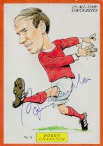 Bobby Charlton signed Colour Caricature Card 5.25x3.75 Inch. Good condition. All autographs are