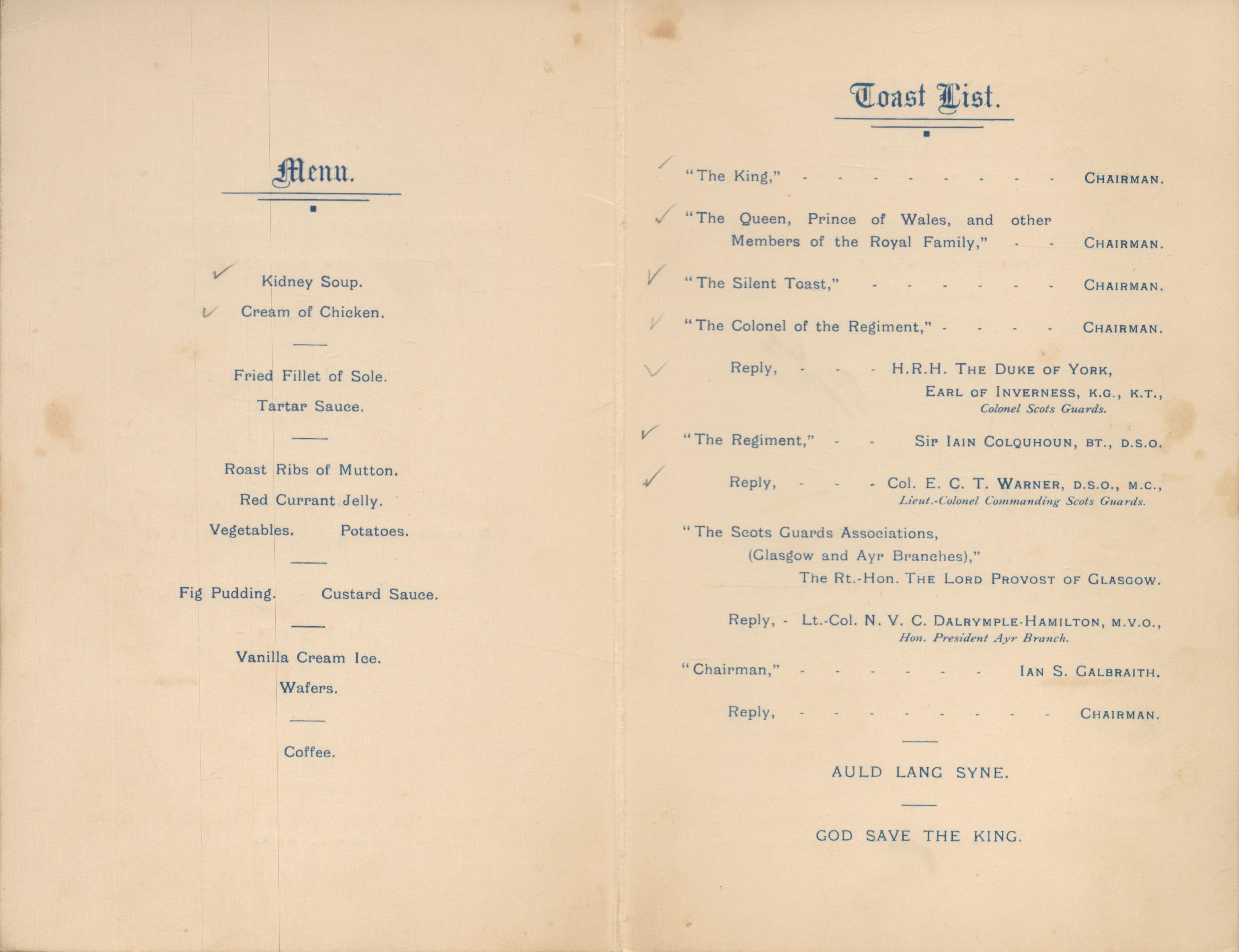 Army Scots Guards 1933 dinner menu for 23rd Annual Dinner helps and Grosvenor Restaurant Glasgow. - Image 2 of 2