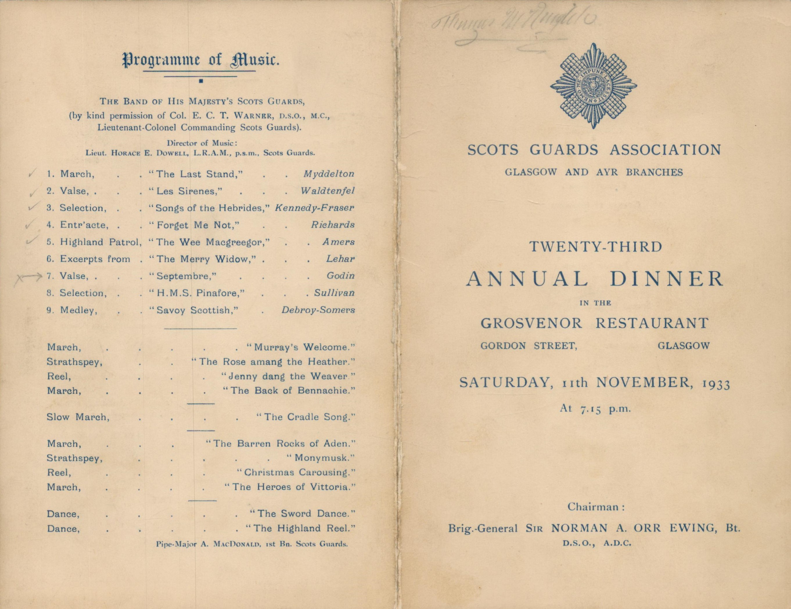 Army Scots Guards 1933 dinner menu for 23rd Annual Dinner helps and Grosvenor Restaurant Glasgow.