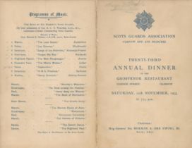 Army Scots Guards 1933 dinner menu for 23rd Annual Dinner helps and Grosvenor Restaurant Glasgow.