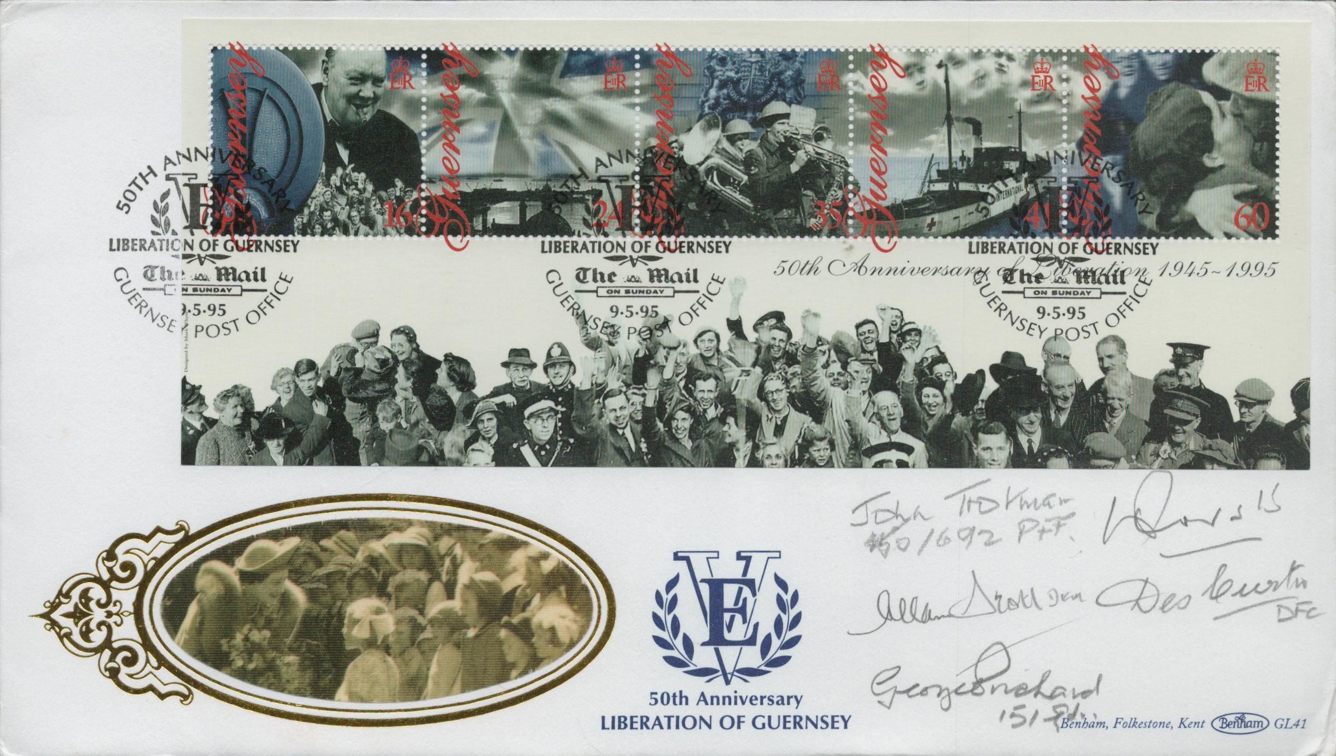 Five WW2 Bomber command veterans signed rare 1995, 50th ann Liberation of Guernsey Benham official