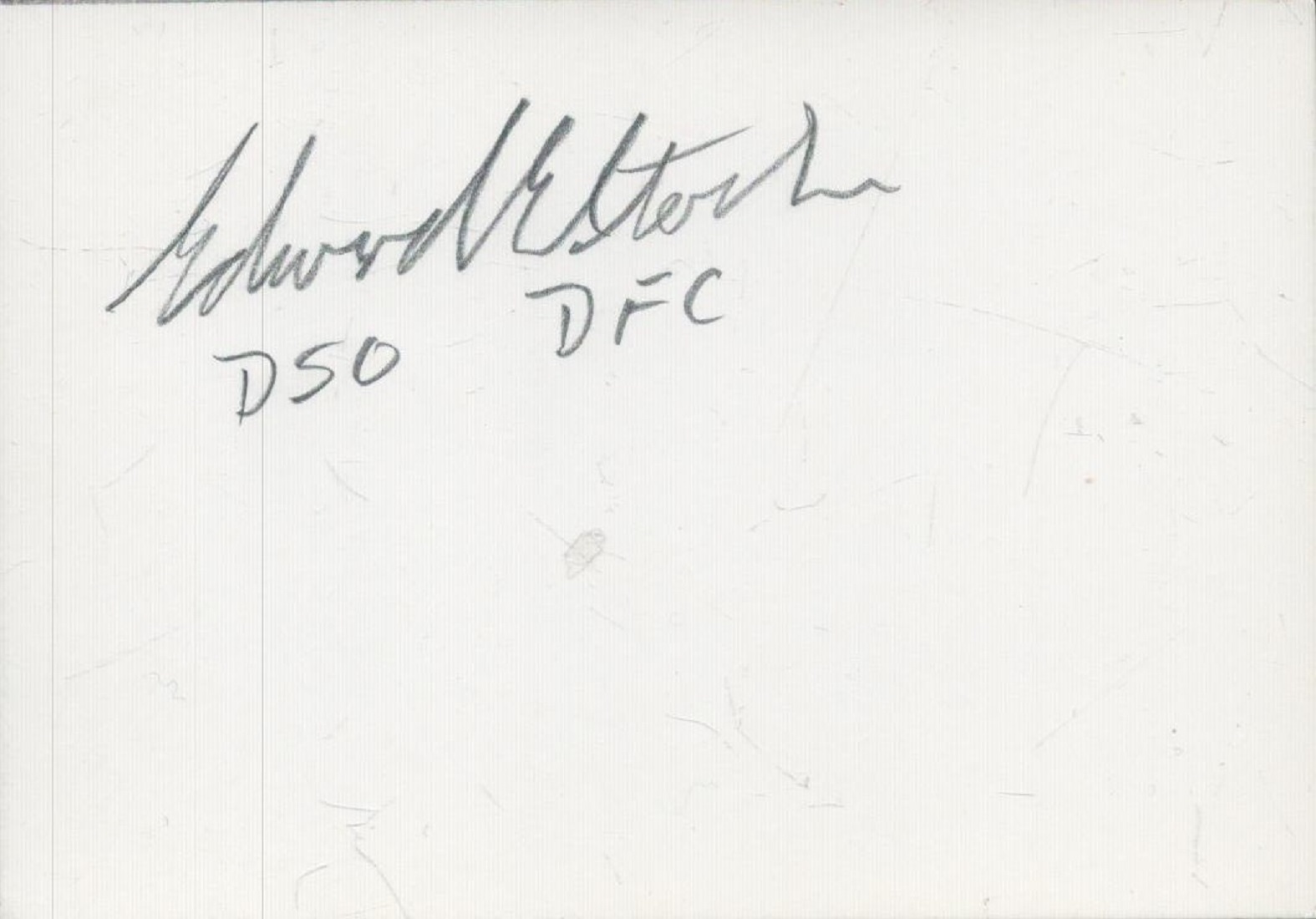 WW2 Flight Lieutenant Edward E Stocker DSO DFC signed white card. Served as a Flight Engineer and