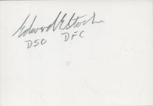 WW2 Flight Lieutenant Edward E Stocker DSO DFC signed white card. Served as a Flight Engineer and