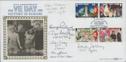 Six WW2 Bomber command veterans signed rare 1995, 50th ann VE Day Isle of Man Benham official FDC