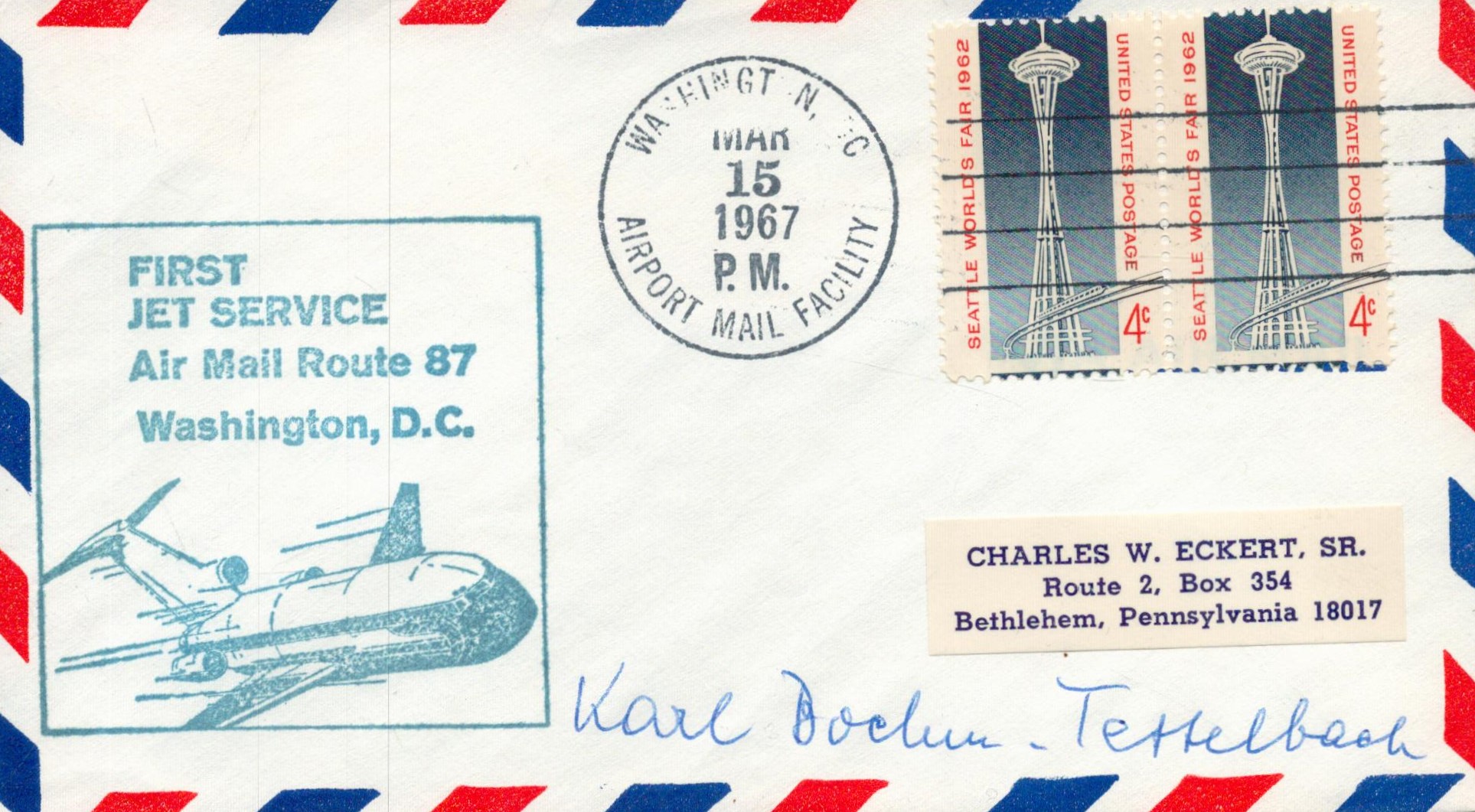 WW2 Luftwaffe ace Karl Boem Tettlebach KC RARE signed 1967 US First Flight FDC. He served in