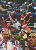 James DeGale signed 12 inch by 16 inch print, pictured Gold medallist montage begging of the Beijing