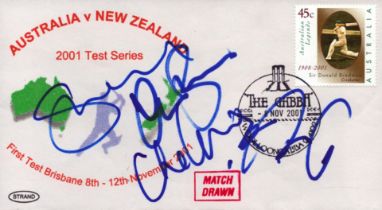 New Zealand Cricket stars Fleming, Harris, Cairns signed 2001 Australia v New Zealand Match cover,