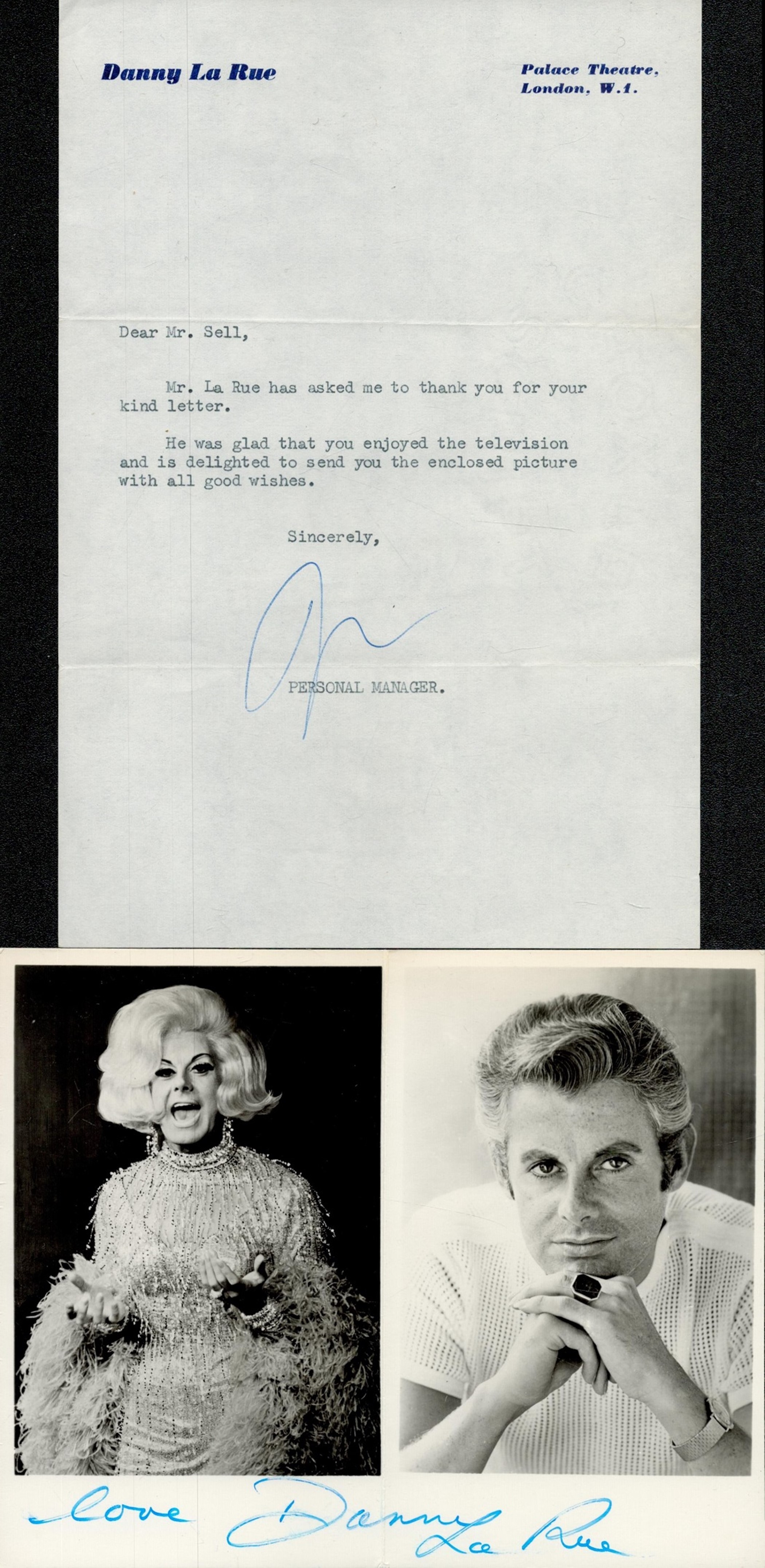 Danny La Rue signed 7x5 black and white montage photo with accompanying Office headed letter. Good