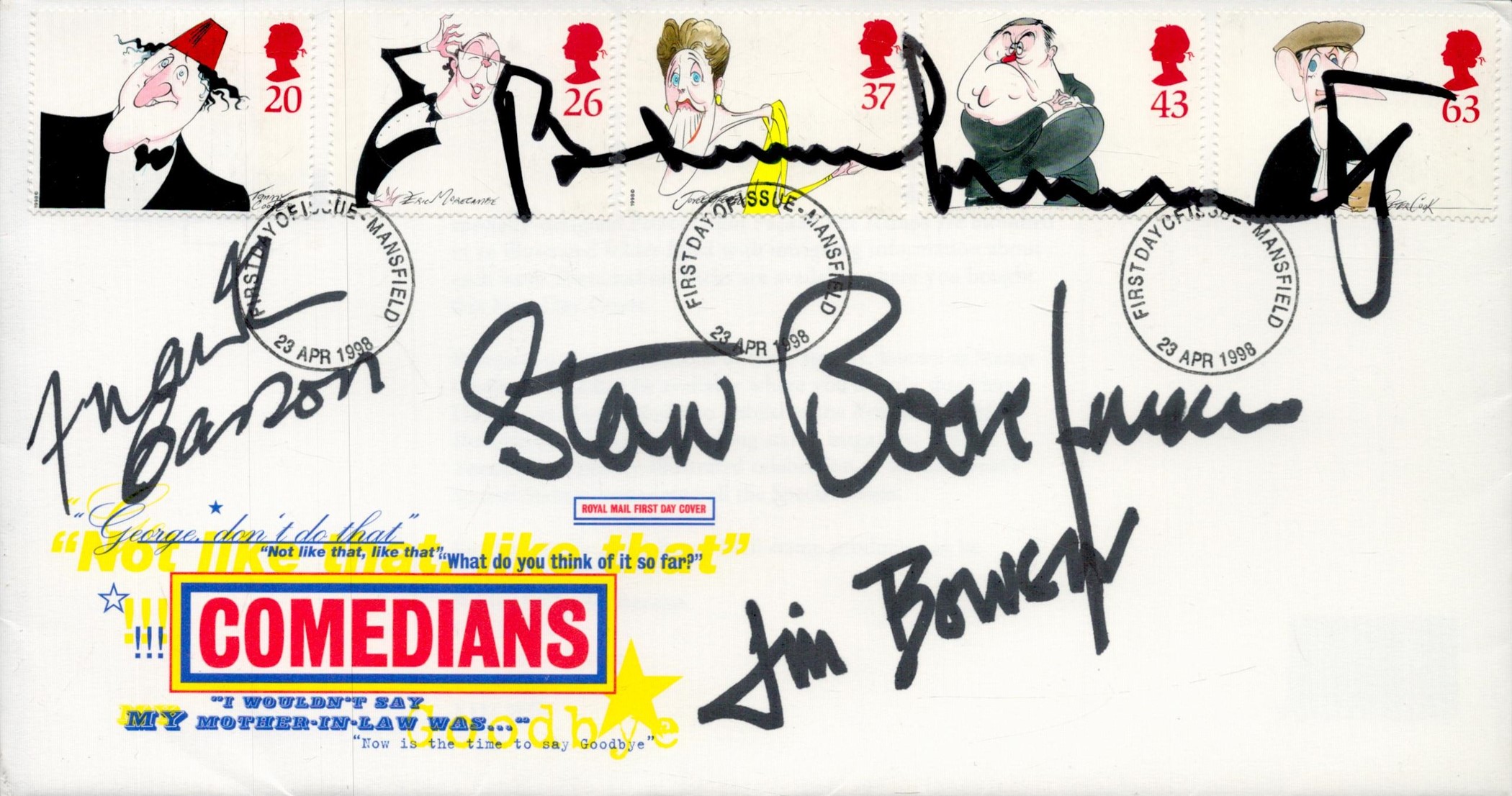 Frank Carson, Stan Boardman and Jim Bowen signed Comedians FDC. 23/4/1998 Mansfield FDI postmark.
