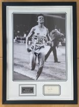 Lord Sebastian Coe signed white card mounted and framed with black and white photo of him breaking