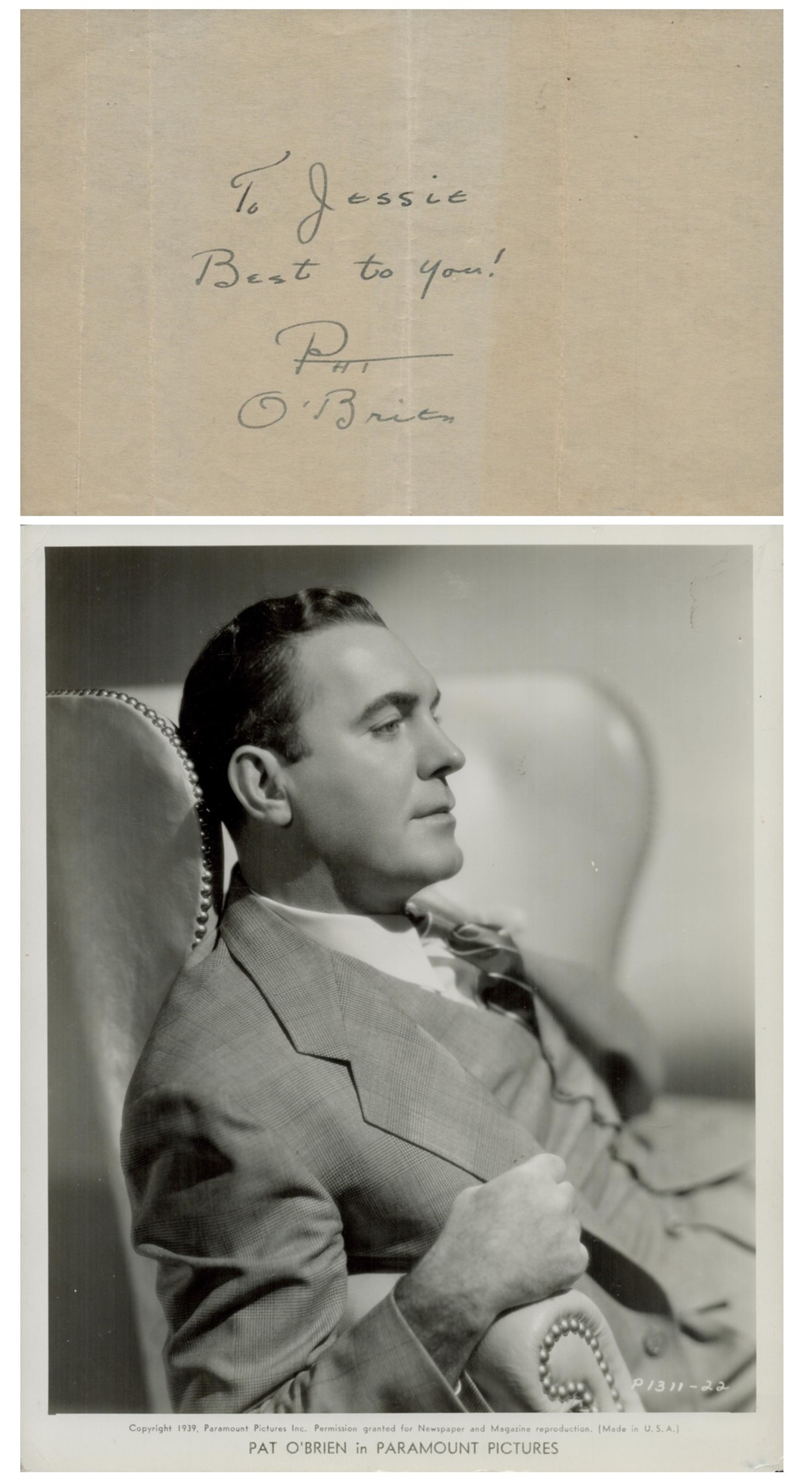 Pat O'Brien signed Autograph page 6x4 Inch plus Unsigned vintage Promo. Black and White Photo 10x8