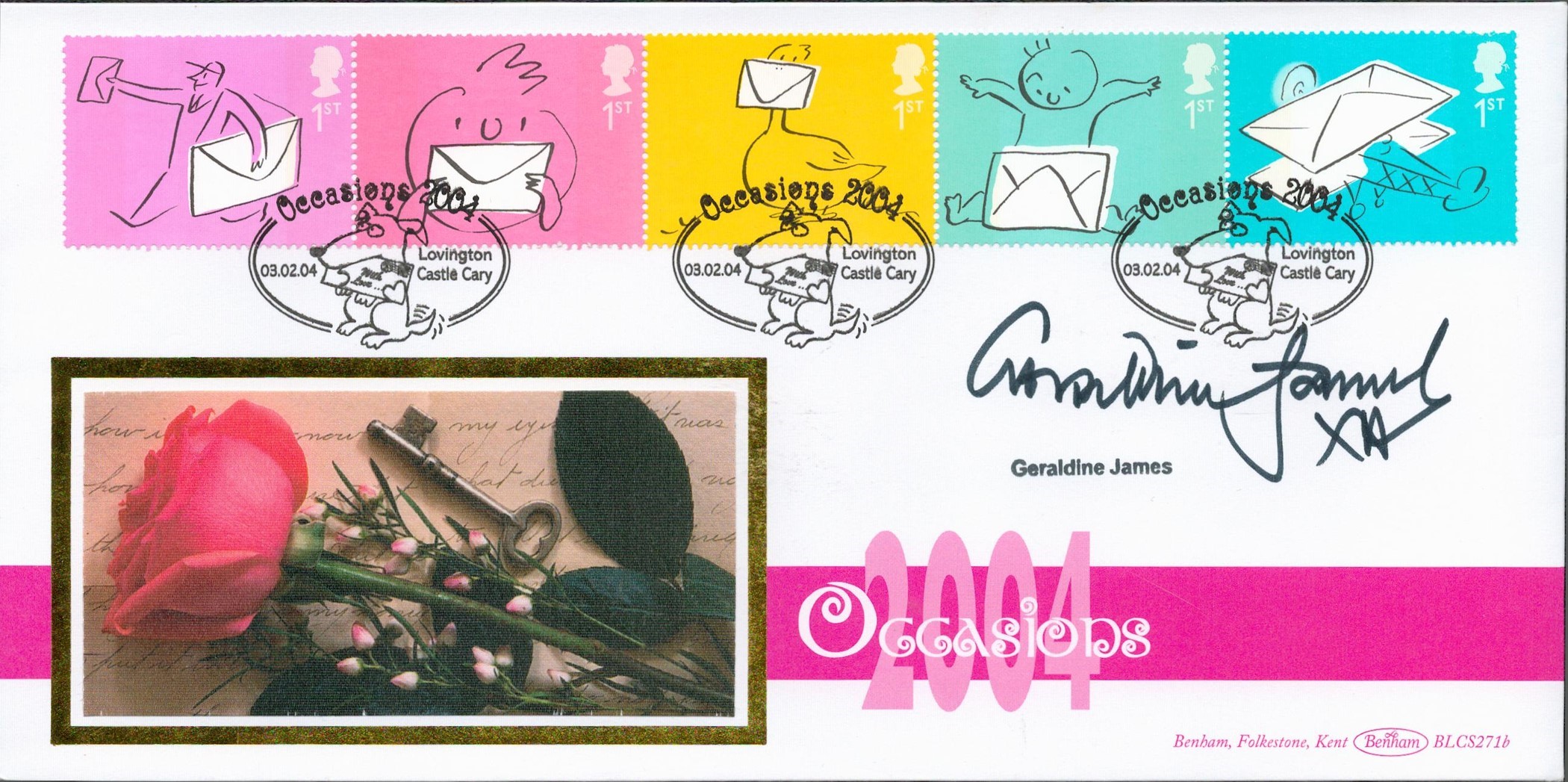 Geraldine James signed Occasions 2004 FDC. 3rd February 2004 Lovington Castle Cary. Good condition