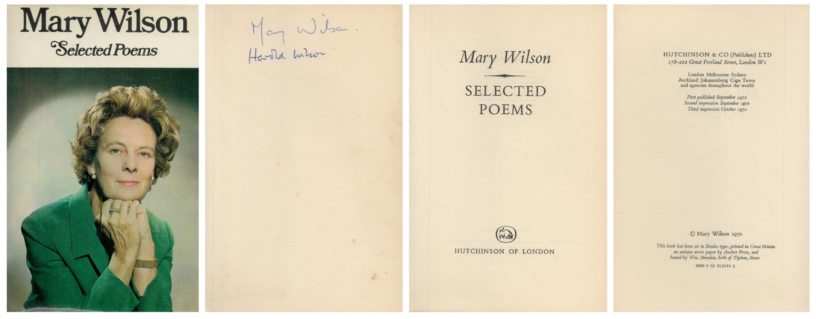 Mary Wilson Selected poems signed first edition hardback book 1970. Also signed by Harold Wilson.