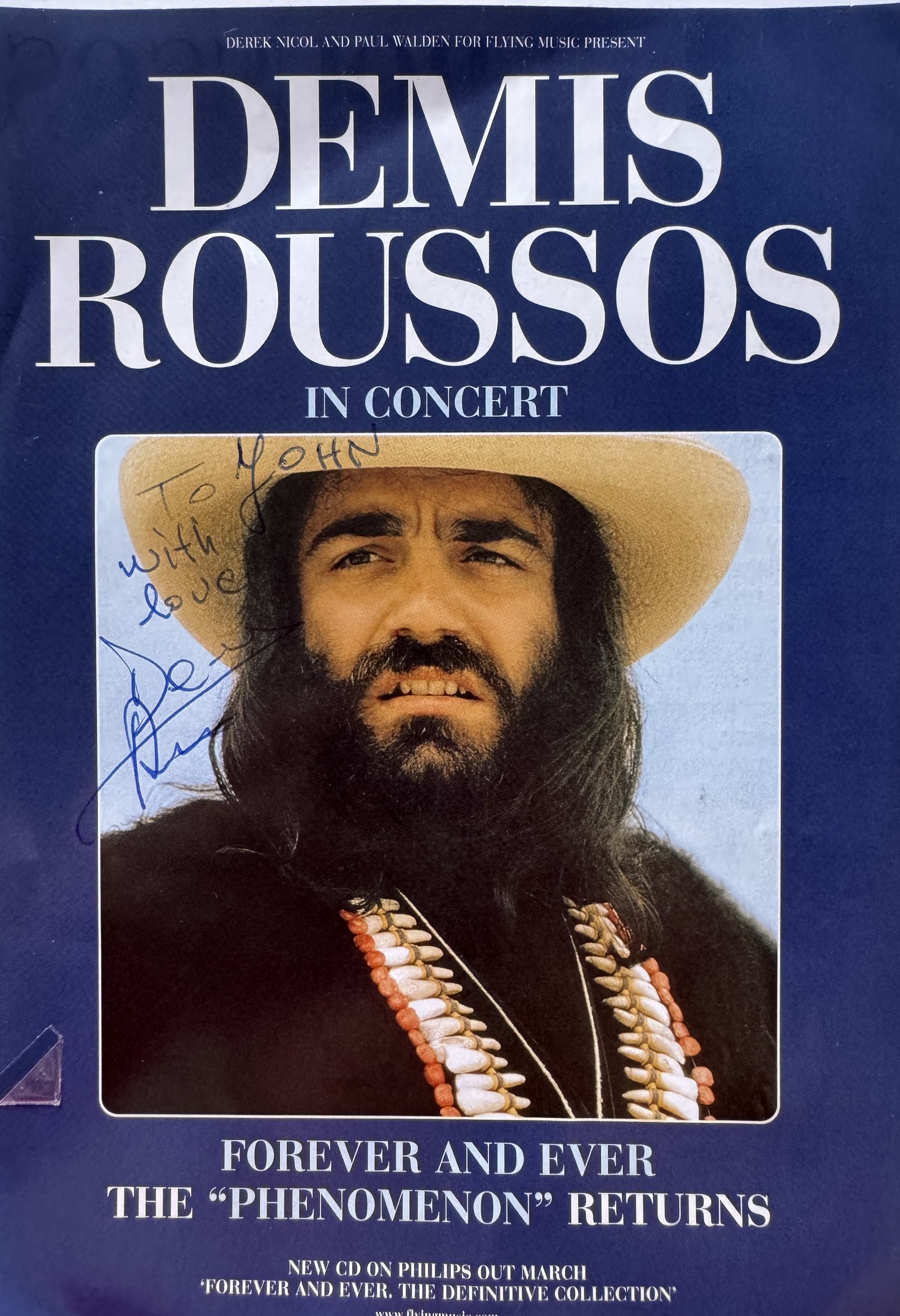 Demis Roussos signed flyer. Dedicated. Good condition Est.