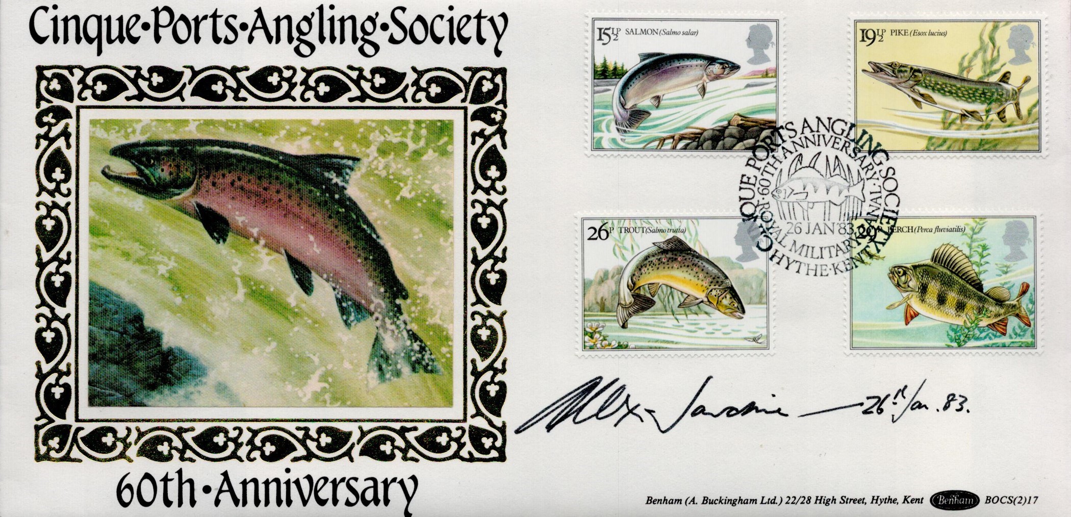 Alex Jardine signed FDC. Cinque. Port. Angling. Society 60th Anniversary Single postmarked 26 Jan 83