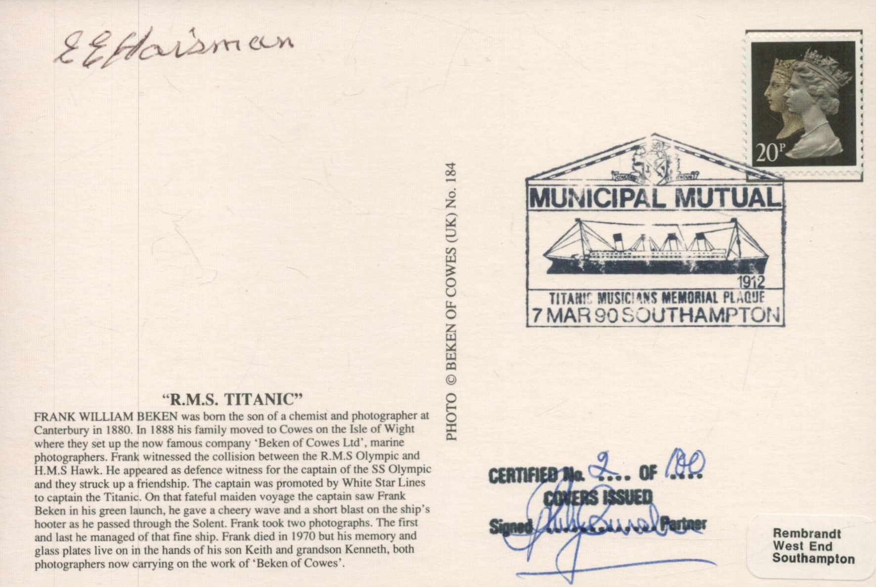 Titanic Survivor Edith Haisman signed to back of 6 x 4 inch b/w Titanic at Sea postcard. Father