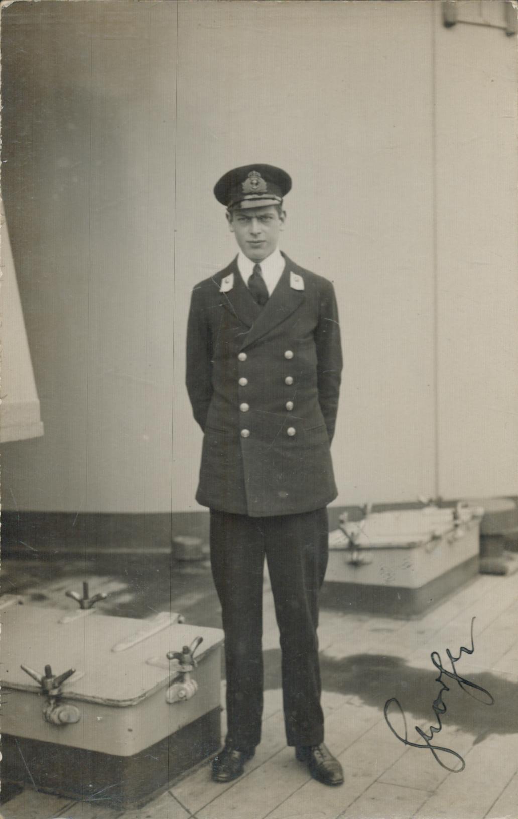 Prince George when a midshipman signed real photographic postcard inscribed "George". Good