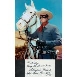 Lone Ranger Clayton Moore signed and inscribed white card to Sally with lovely 10 x 8 inch colour