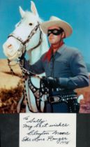 Lone Ranger Clayton Moore signed and inscribed white card to Sally with lovely 10 x 8 inch colour