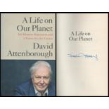 David Attenborough signed hardback book titled A Life on the Planet signature on the inside title