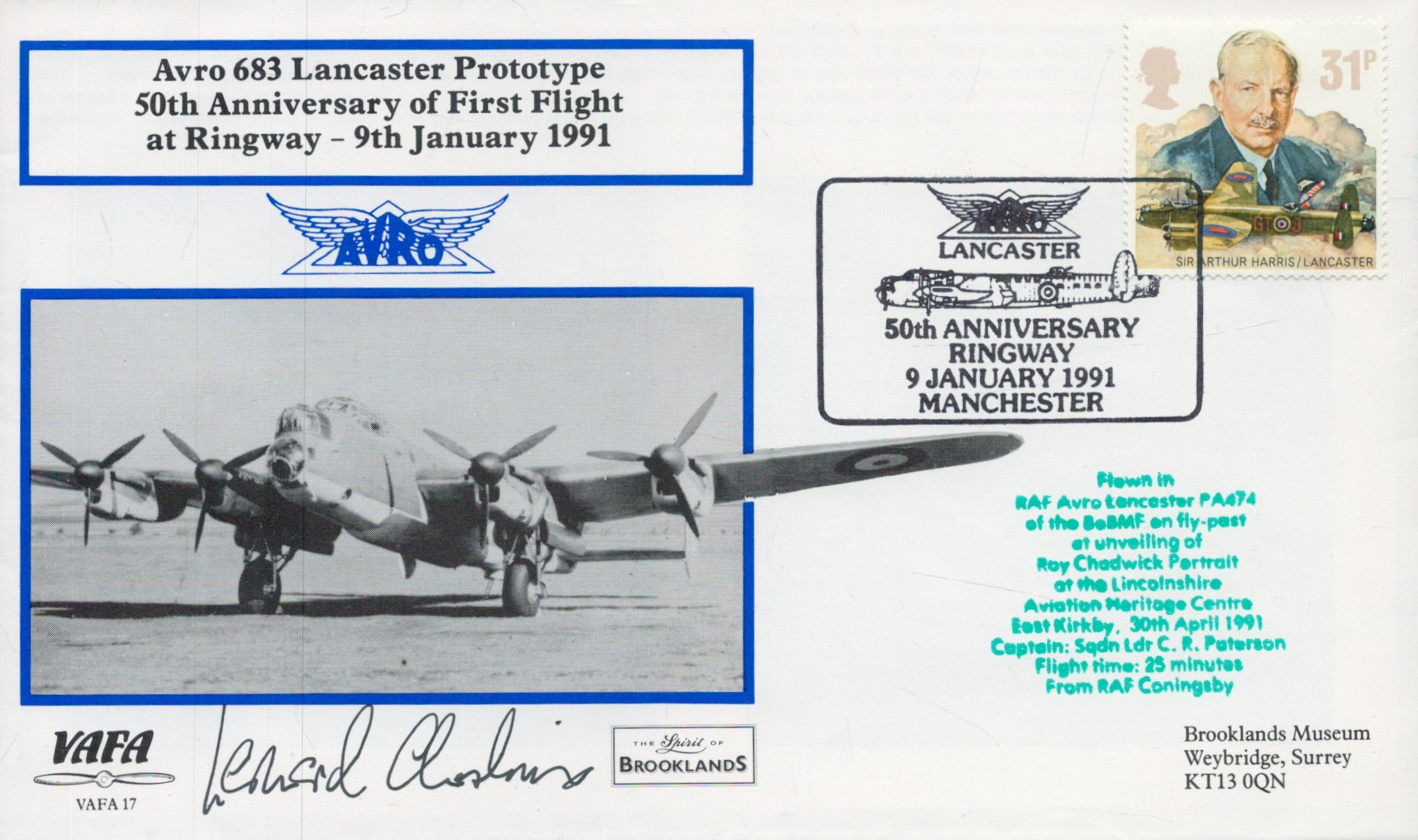 Leonard Cheshire VC signed scarce 1991 VAFA Avro Lancaster 50th ann cover, with nice Ringway