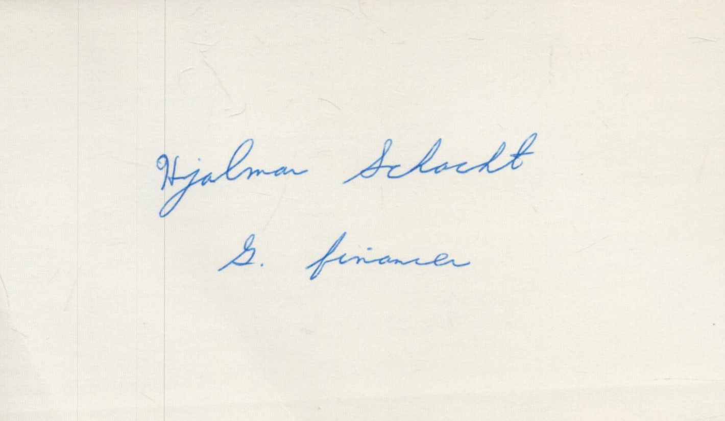 WW2 German banker Hjalmar Schacht signed white card. Very rare WW2 autograph. Hjalmar Schacht (