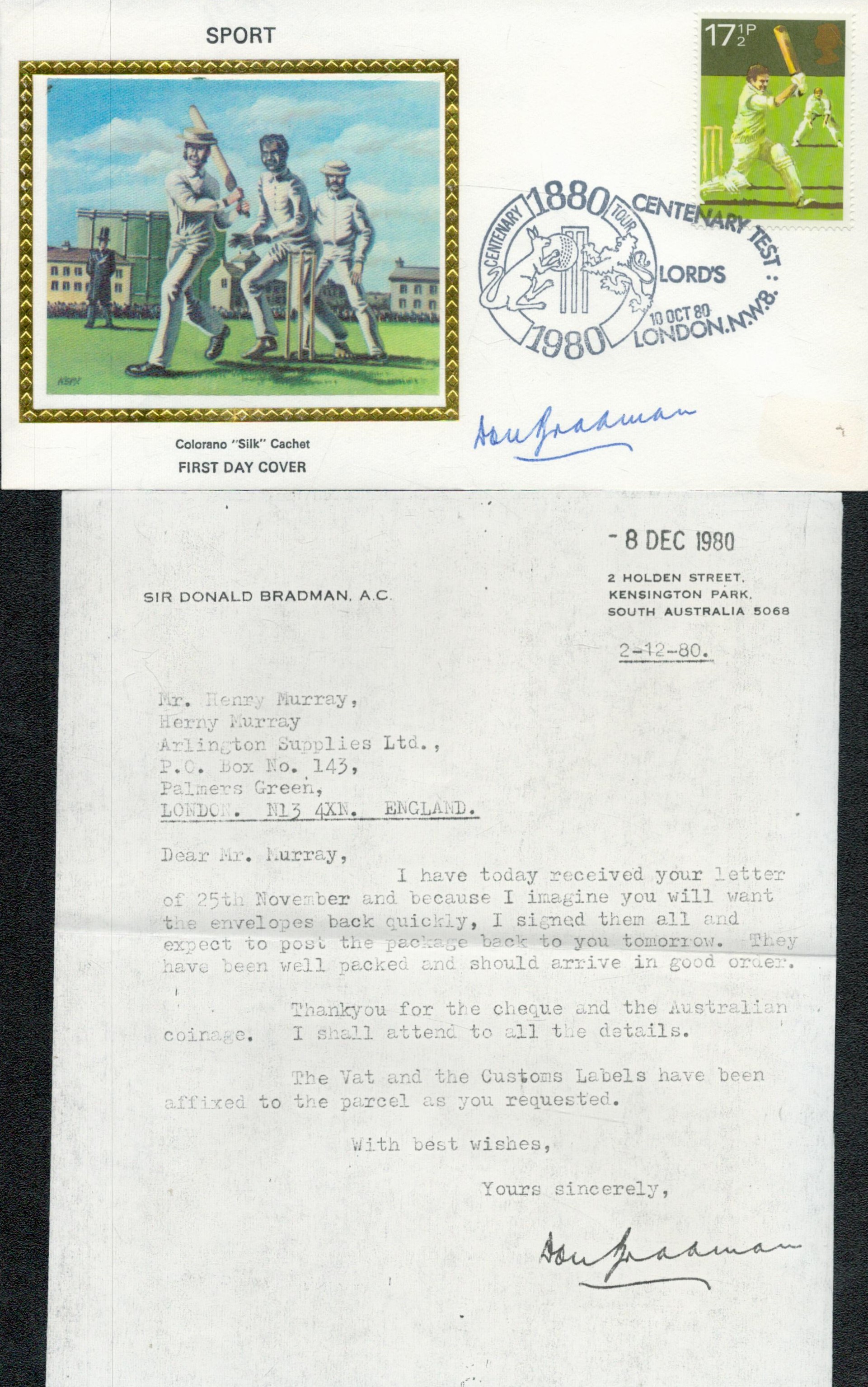 Sir Don Bradman Cricket legend signed rare 1980 Colorano Silk Centenary Test Match FDC. Sir Donald