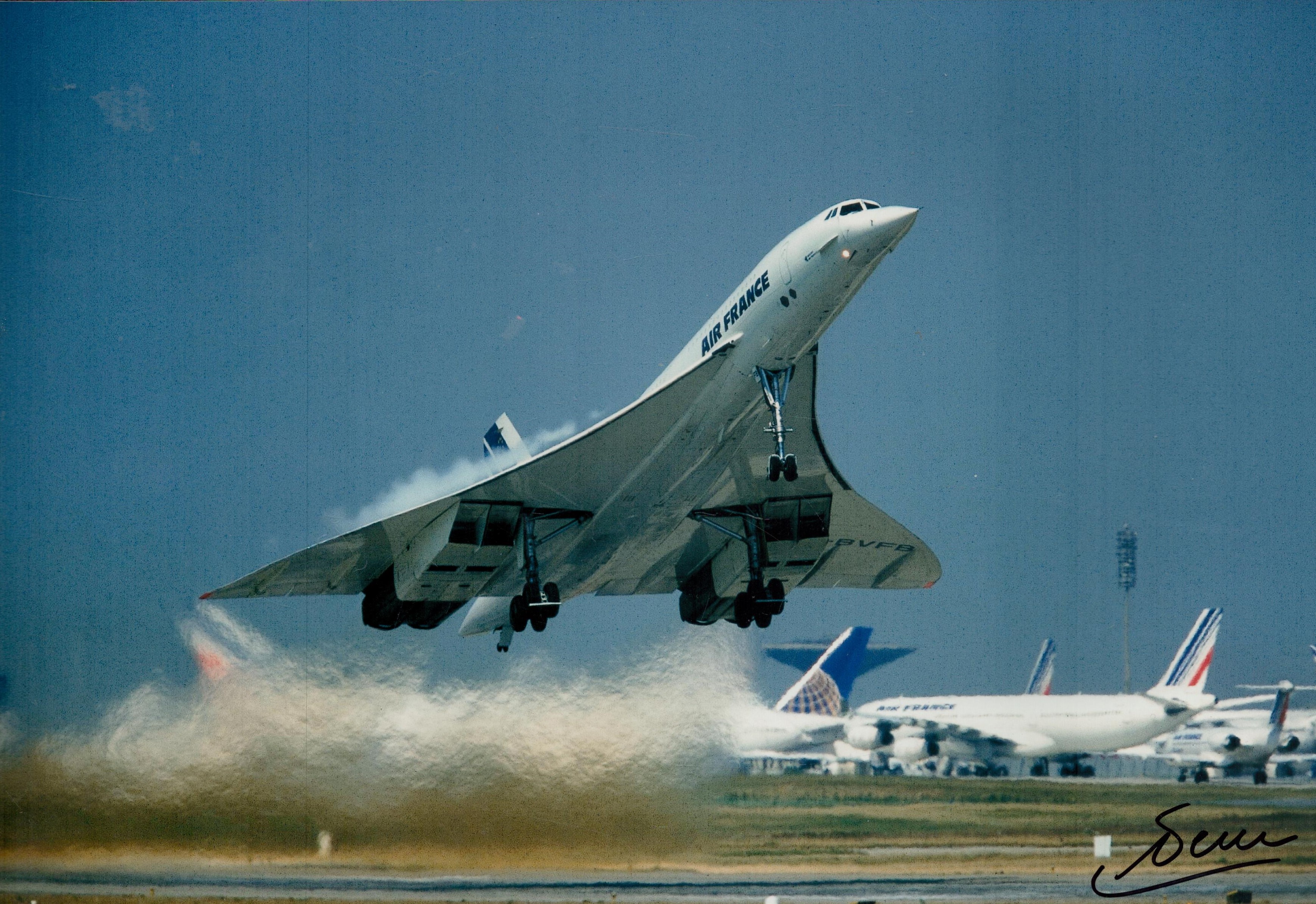 Concorde Early French test pilot Gilbert Defer signed Air France 12 x 8 inch colour Take off