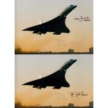 Concorde three 12 x 8 inch colour photos signed by Capt Jock Lowe, Capt Viv Gunton and Captain