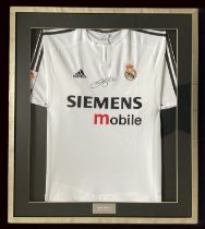 Football David Beckham 33x29 inch overall framed and mounted replica Real Madrid home shirt. Good