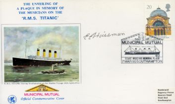 Titanic Survivor Edith Haisman signed 1990 RMS Titanic Plaque to the Musicians on the ship cover.