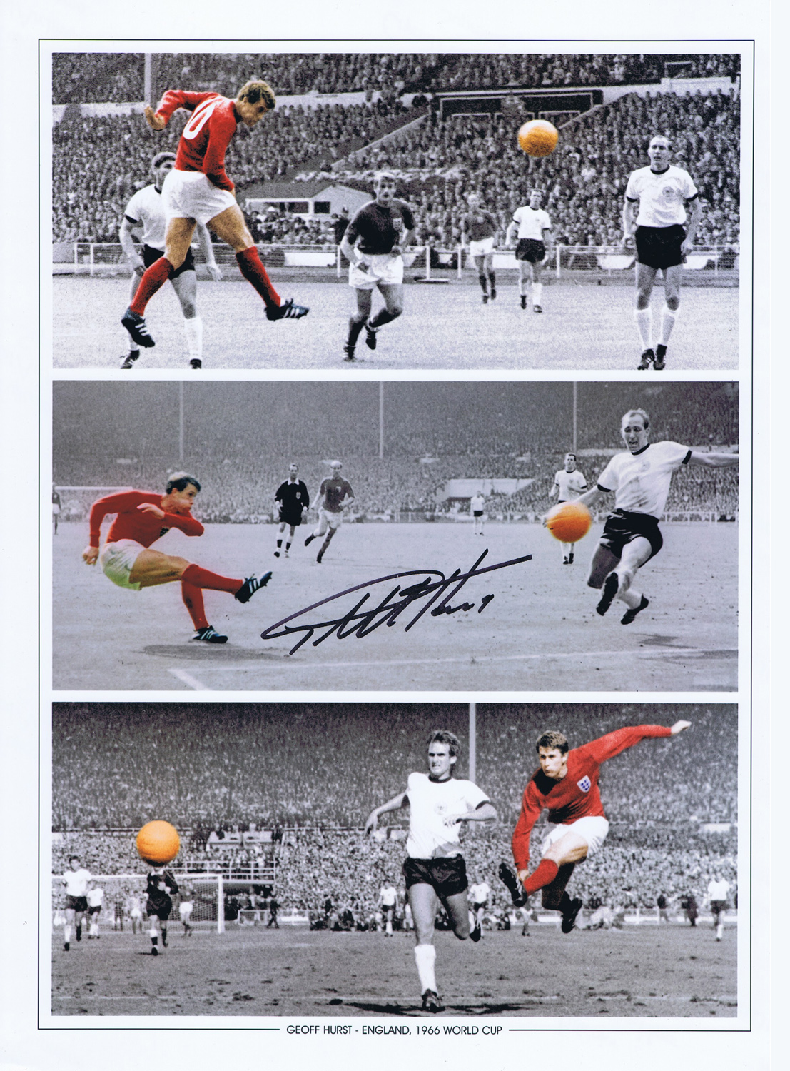 Football Autographed Geoff Hurst 1966 Montage Edition : Colorized, Measuring 16 X 12 Depicting A