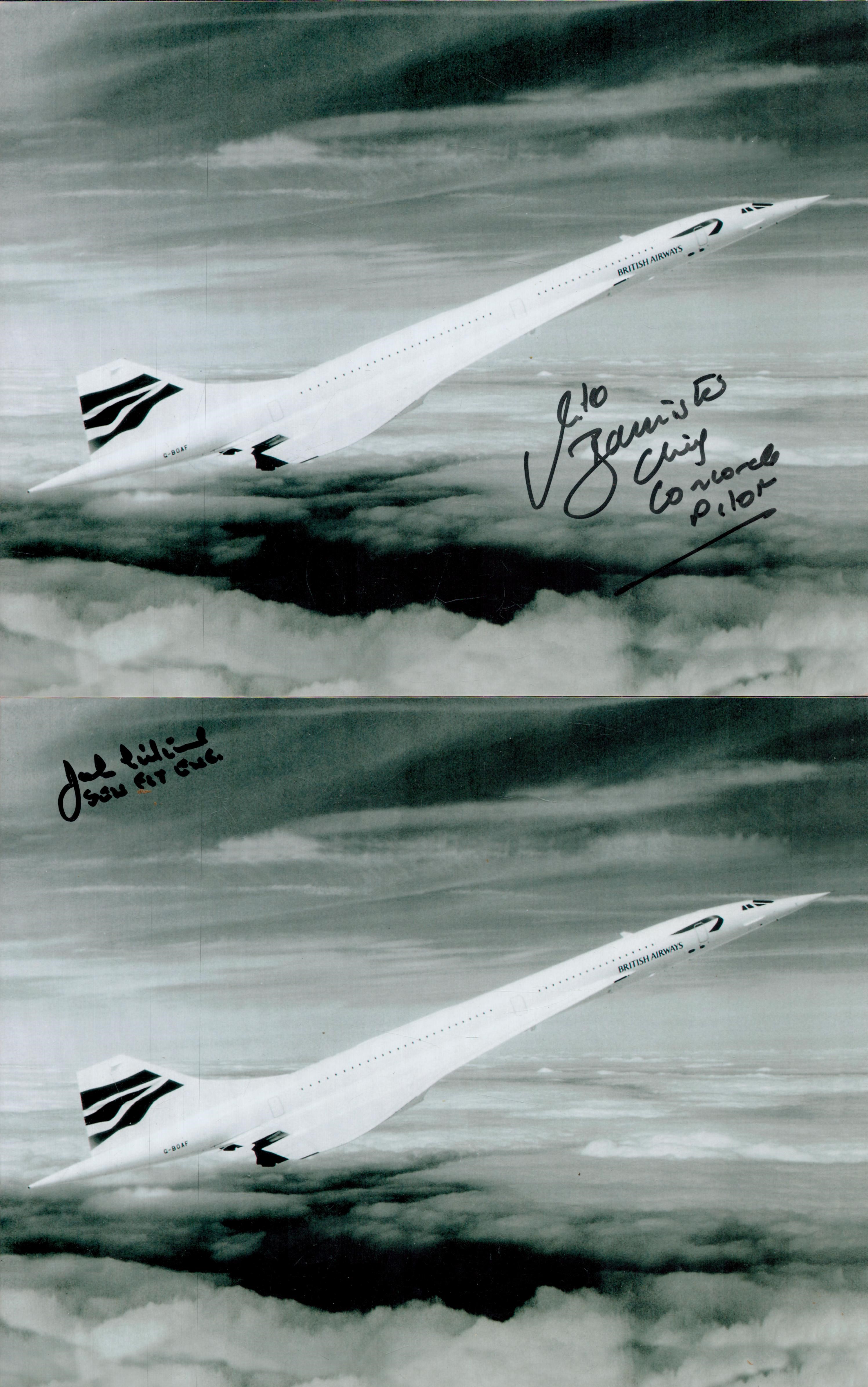 Concorde Captain Mike Bannister and 1st passenger SFO John Lidiard signed on two 10 x 8 inch b/w