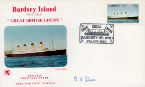 Titanic Survivor B V Dean signed 1989 Great British Liners Bardsey Island cover. Bertram boarded the