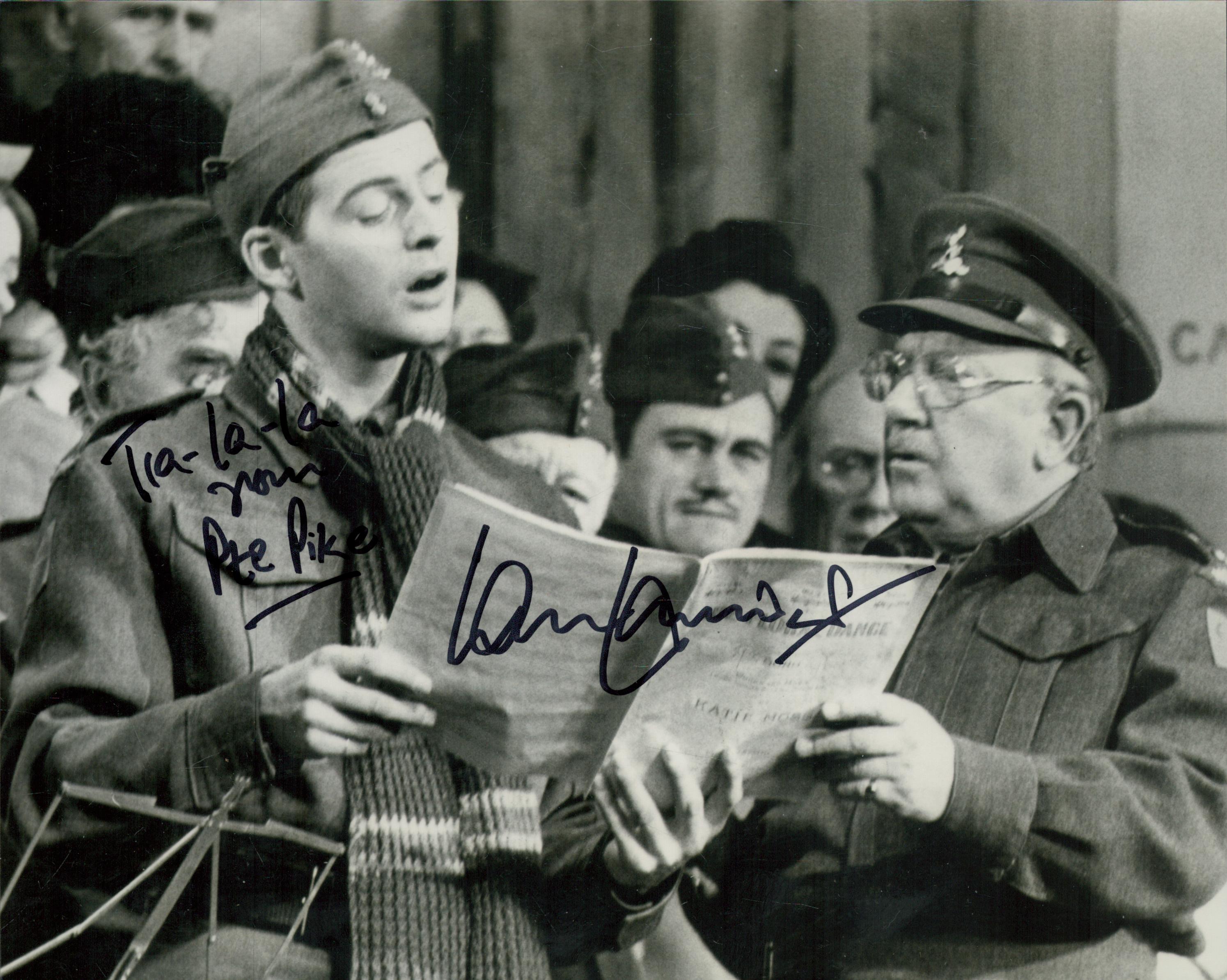 Dads Army Ian Lavender signed 10 x 8 inch b/w photo singing with Arthur Lowe, rare inscribed Tra