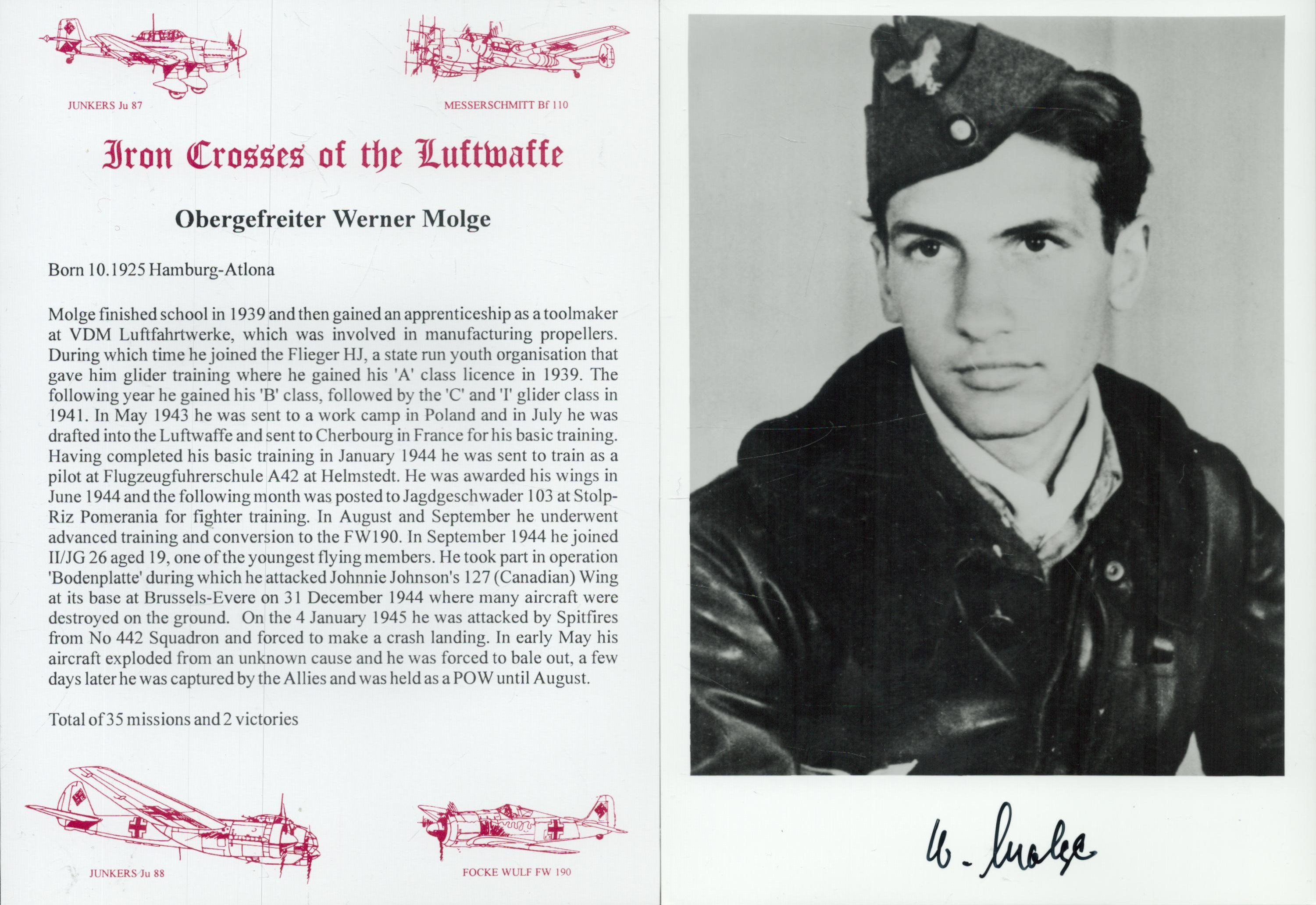 WW2 Luftwaffe fighter ace Werner Molge KC signed 7 x 5 inch b/w portrait photo along with a super