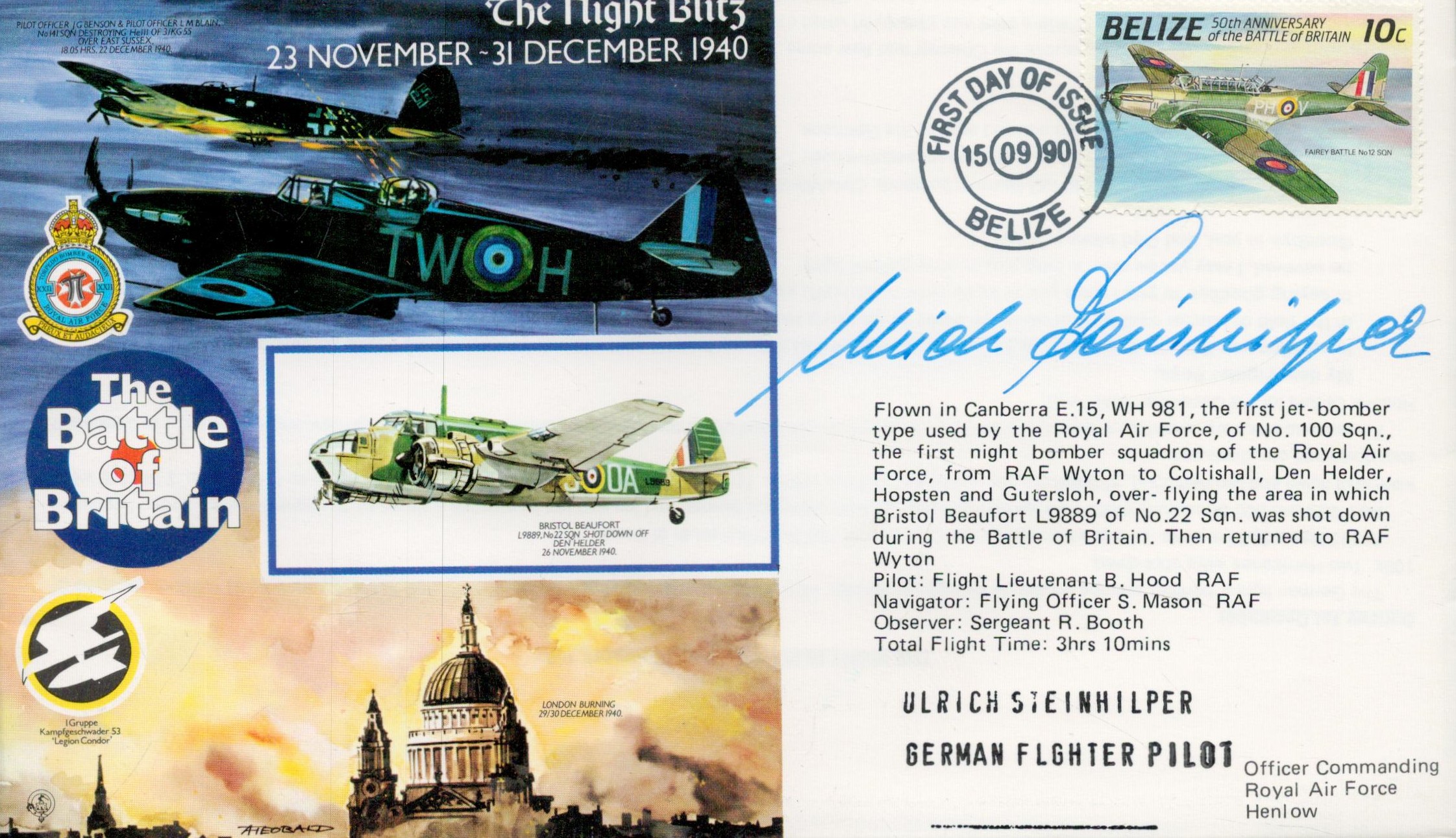 WW2 Luftwaffe Fighter ace Ulrich Steinhilper signed rare 50th ann Battle of Britain cover numbered 2