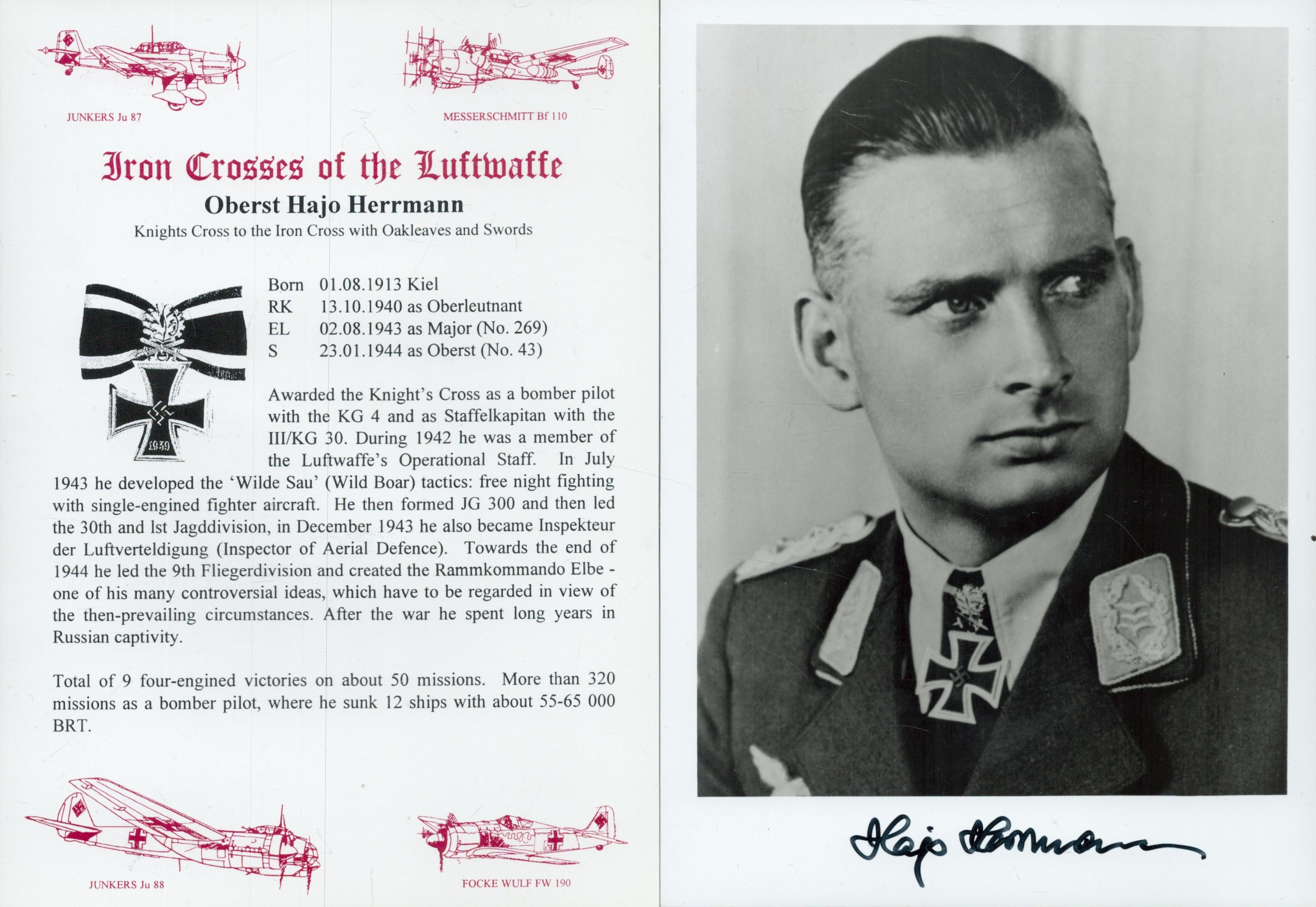 WW2 Luftwaffe fighter ace Oberst Hajo Herrmann KC OL S signed 7 x 5 inch b/w portrait photo along