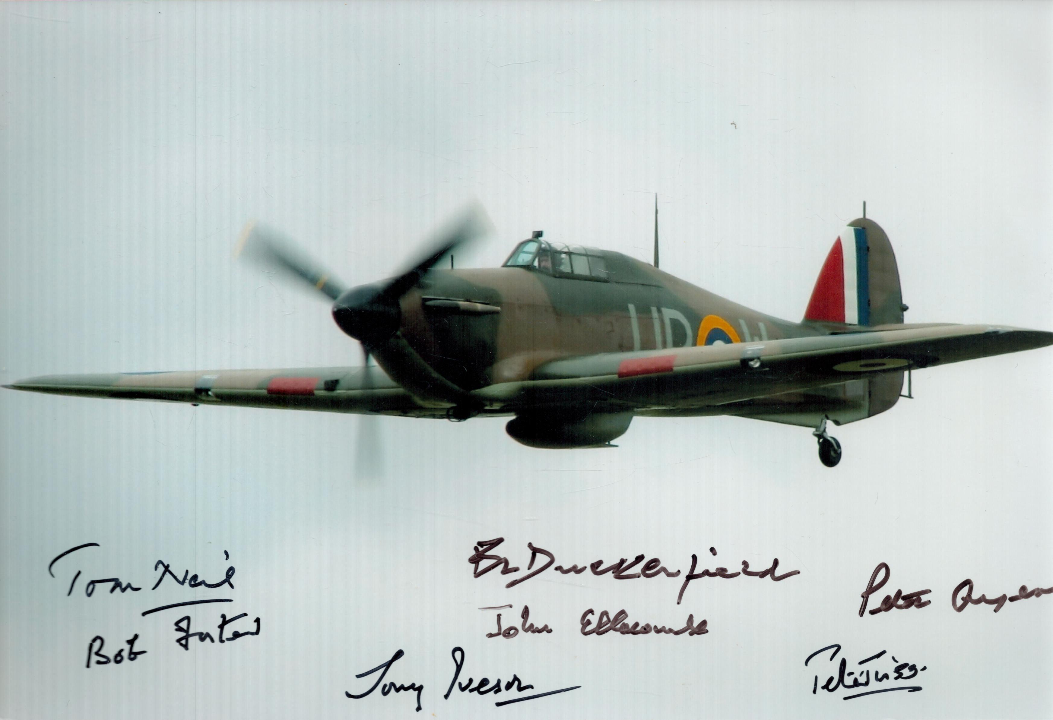 Seven Battle of Britain fighter aces multiple signed super 12 x 8 inch colour Hurricane in flight