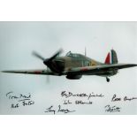 Seven Battle of Britain fighter aces multiple signed super 12 x 8 inch colour Hurricane in flight