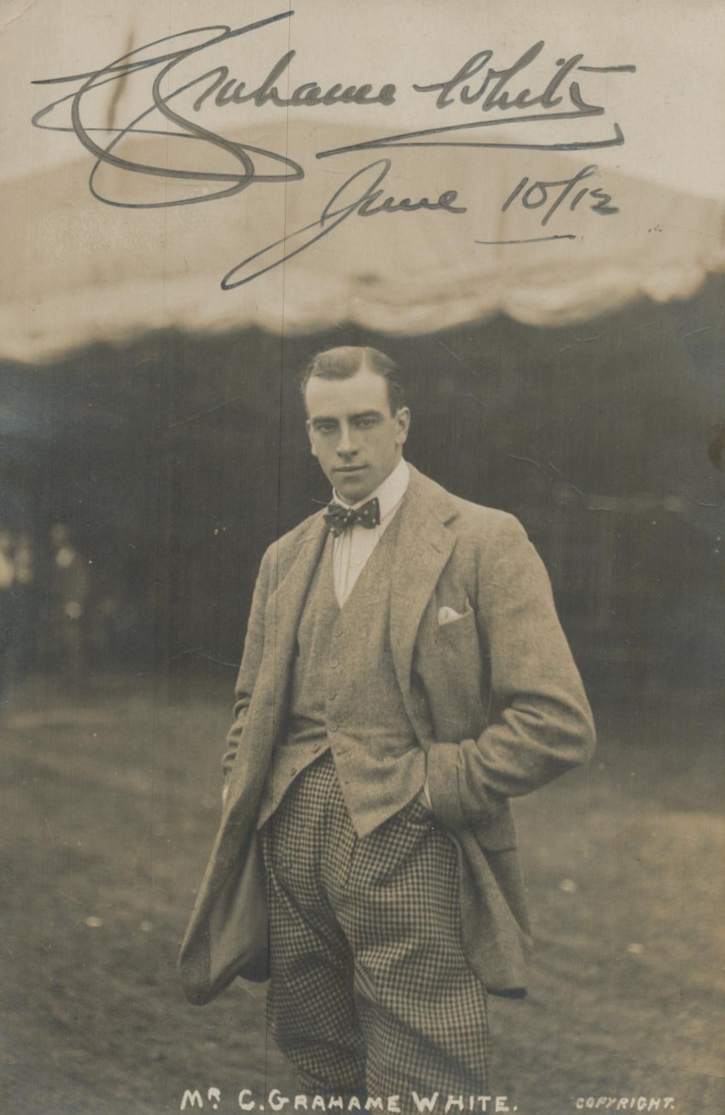 Claude Graham White. Early Aviator signed Photographic postcard dated 1912. Good Condition. All