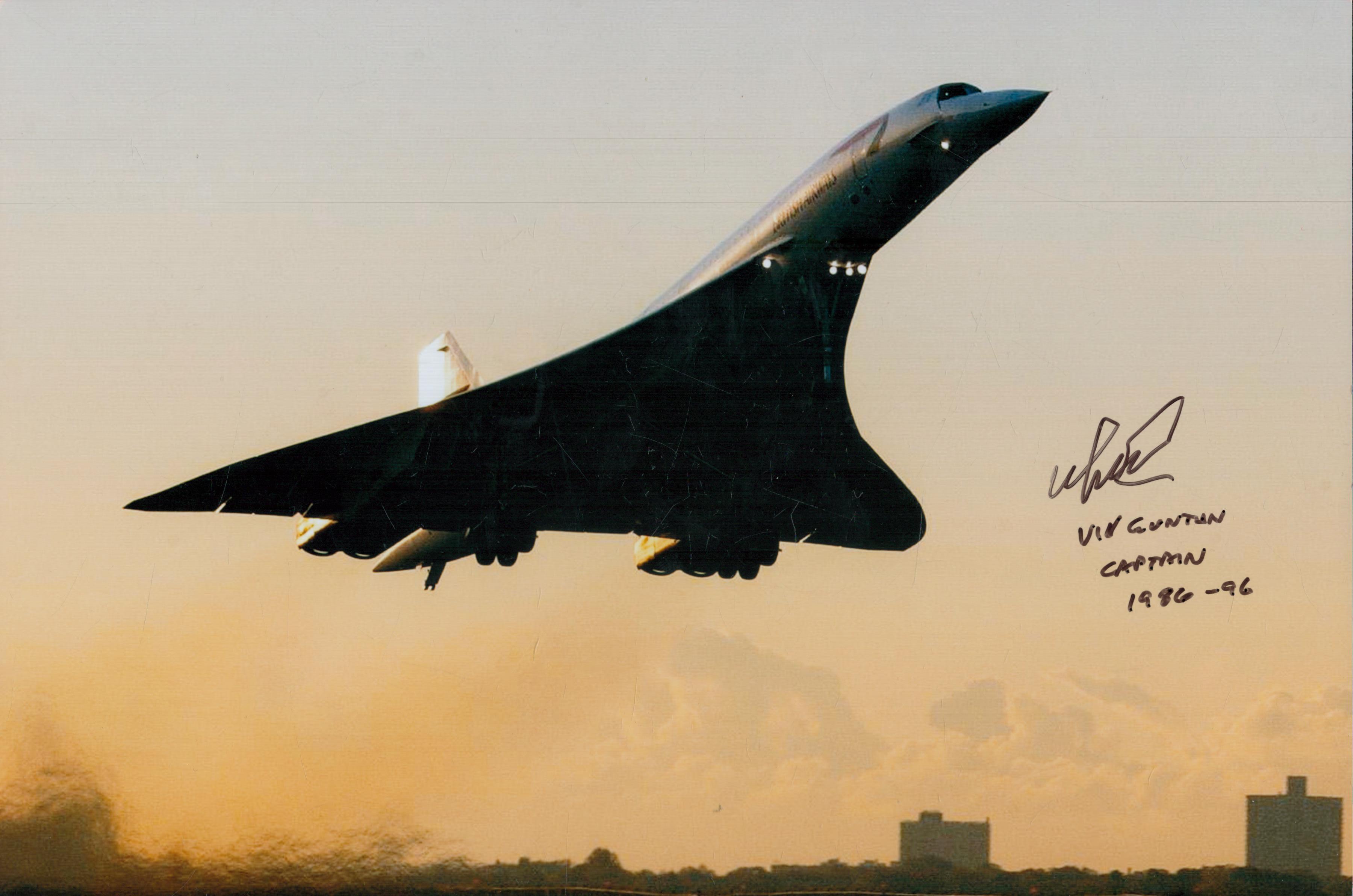 Concorde three 12 x 8 inch colour photos signed by Capt Jock Lowe, Capt Viv Gunton and Captain - Image 2 of 2