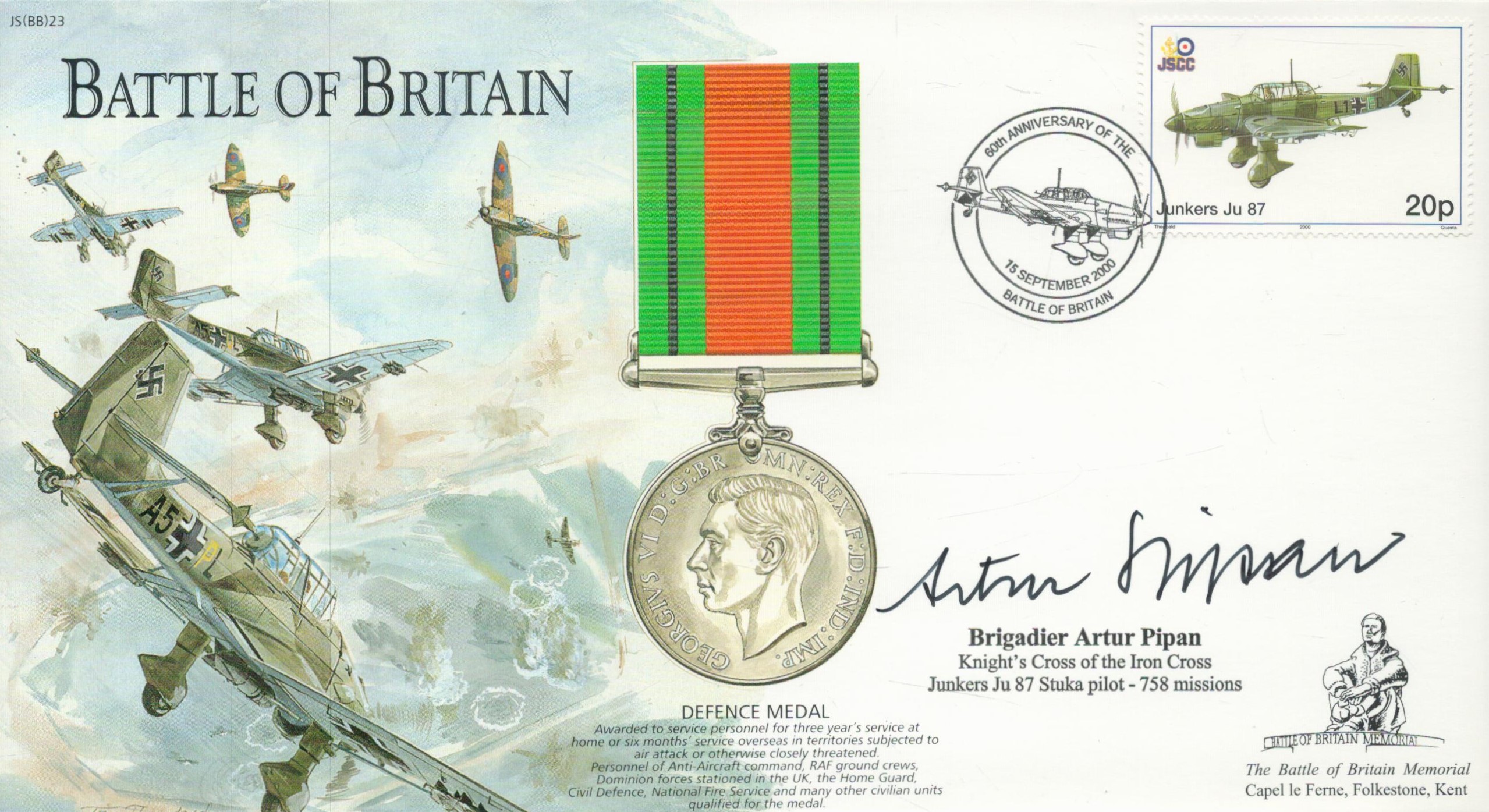 WW2 Luftwaffe fighter ace Brig Artur Pipan KC signed 2000 Battle of Britain cover. Stuka pilot 758