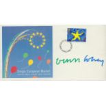 David Hockney, artist. A signed (in green and blue ink) 1992 Single European Market FDC. The stamp