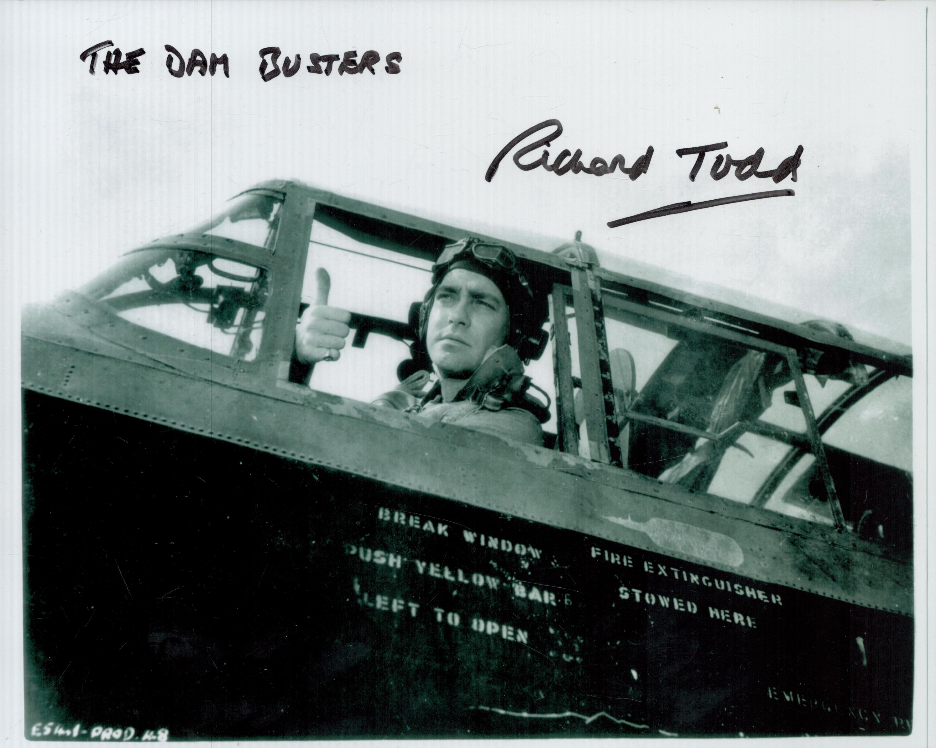 Richard Todd as Guy Gibson signed 10 x 8 inch b/w photo in Lancaster cockpit photo, rare inscribed