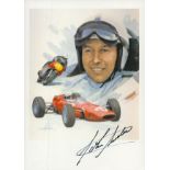 John Surtees signed 6x4 inch colour illustrated montage post card. Good Condition. All autographs