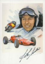 John Surtees signed 6x4 inch colour illustrated montage post card. Good Condition. All autographs
