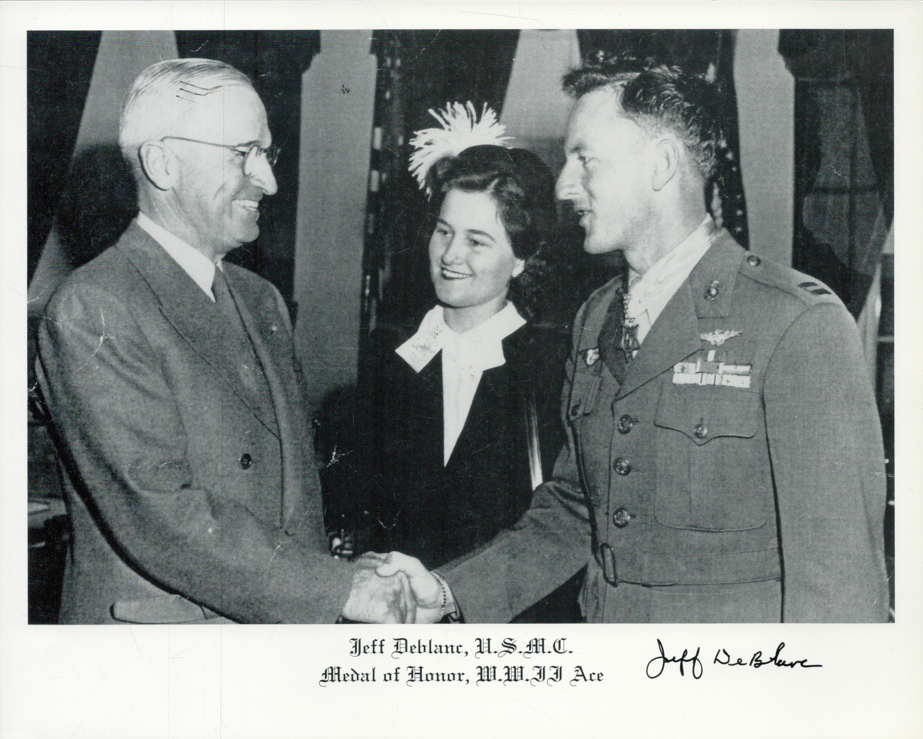 US Medal of Honor winner Jeff DeBlanc signed 10 x 8 inch b/w photo getting medal from the President.