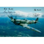 Four Battle of Britain fighter aces multiple signed super 12 x 8 inch colour Hurricane in flight