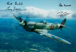 Four Battle of Britain fighter aces multiple signed super 12 x 8 inch colour Hurricane in flight